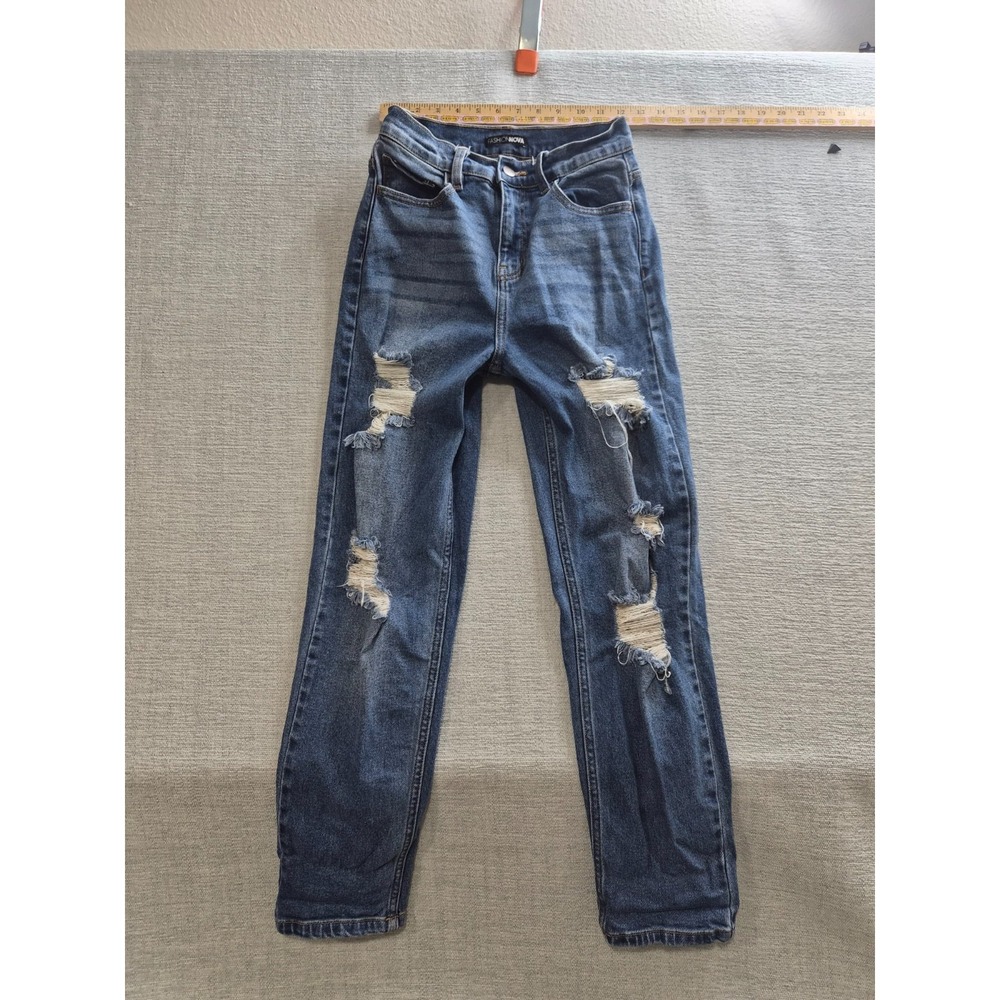 Fashion Nova Boyfriend Jeans Womens 3 Blue Whiskering Denim Cotton Distressed